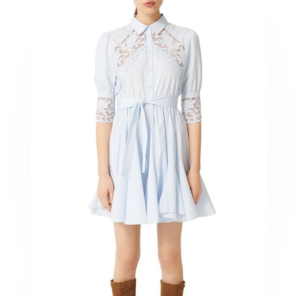 Maje Cotton Rebella Light Blue Shirt Lace Trim Dress Sz 40